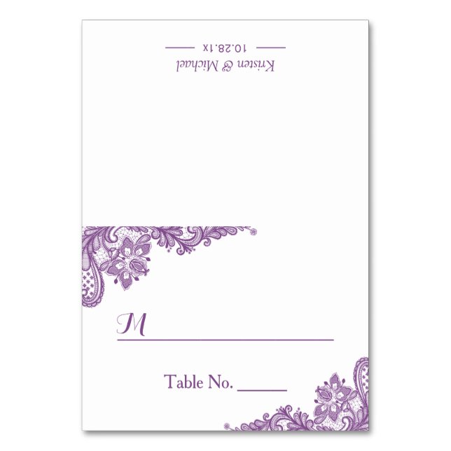 Beautiful Classy Purple Lace Wedding Seating Place Table Number (Front)