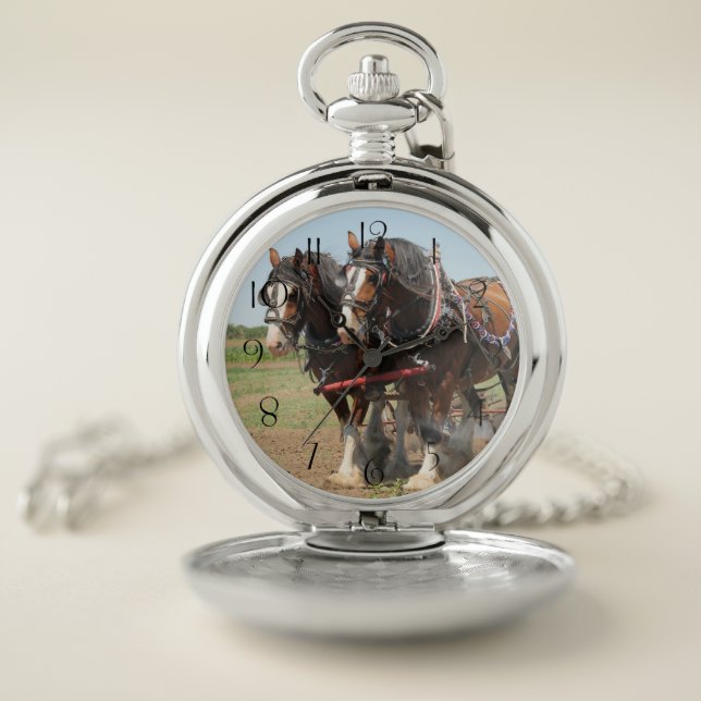 Beautiful clydesdale horses ploughing pocket watch (Inside)