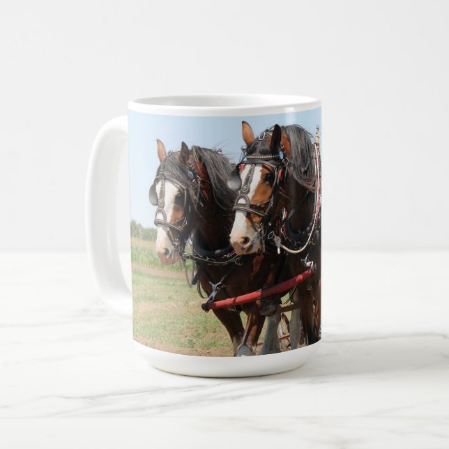 Beautiful clydesdale horses plowing coffee mug (Front Left)
