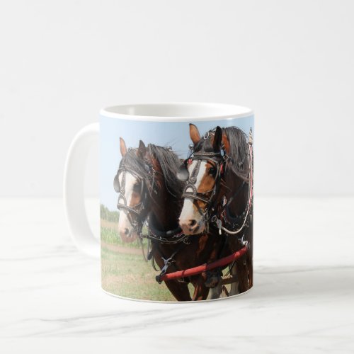 Beautiful clydesdale horses plowing coffee mug