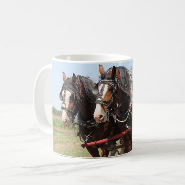 Beautiful clydesdale horses plowing coffee mug (Front Left)