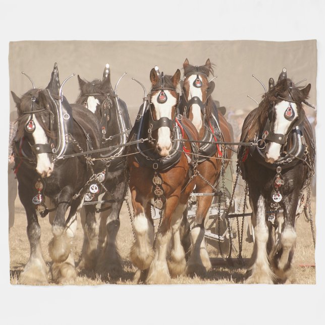 Beautiful Clydesdale Horses Plowing - Team Work Fleece Blanket (Front (Horizontal))