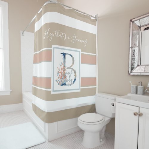 Beautiful coastal coral and blue monogram striped shower curtain