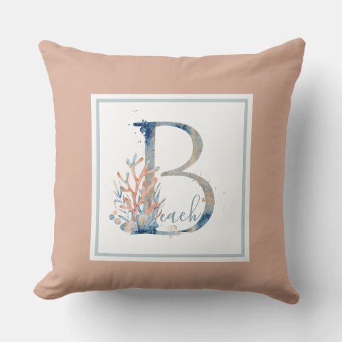 Beautiful coastal coral and blue monogram striped throw pillow