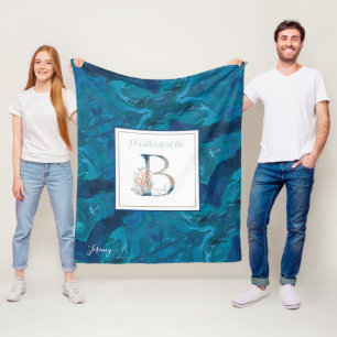 Beautiful coastal gradient blue coral monogram fleece blanket