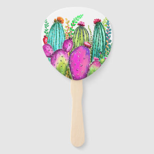 Beautiful Color Cactus Flowers - Drawing Hand Fan