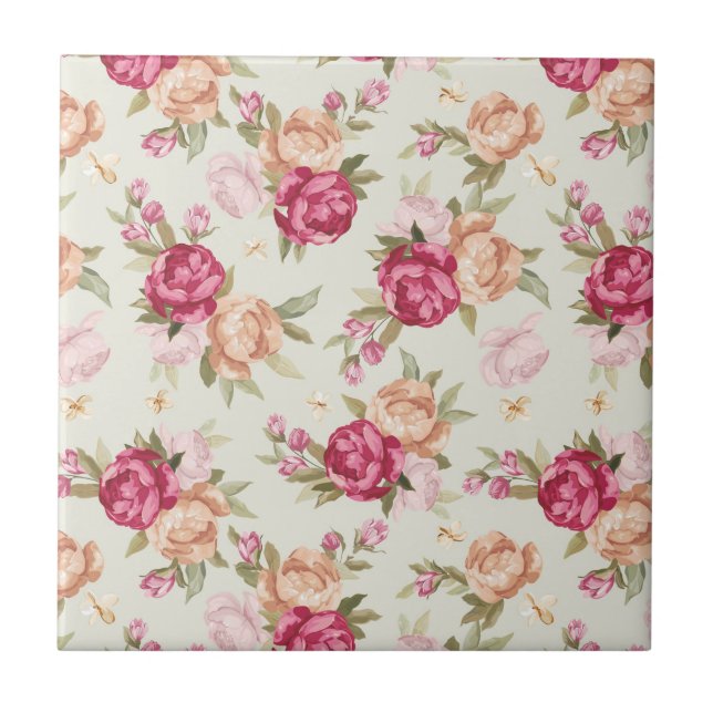 Beautiful color peony pattern on green ceramic tile (Front)