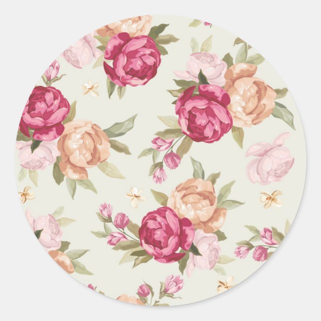 Beautiful color peony pattern on green classic round sticker (Front)