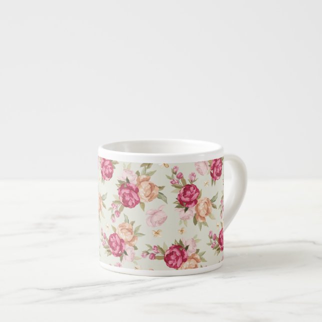 Beautiful color peony pattern on green espresso cup (Front Right)