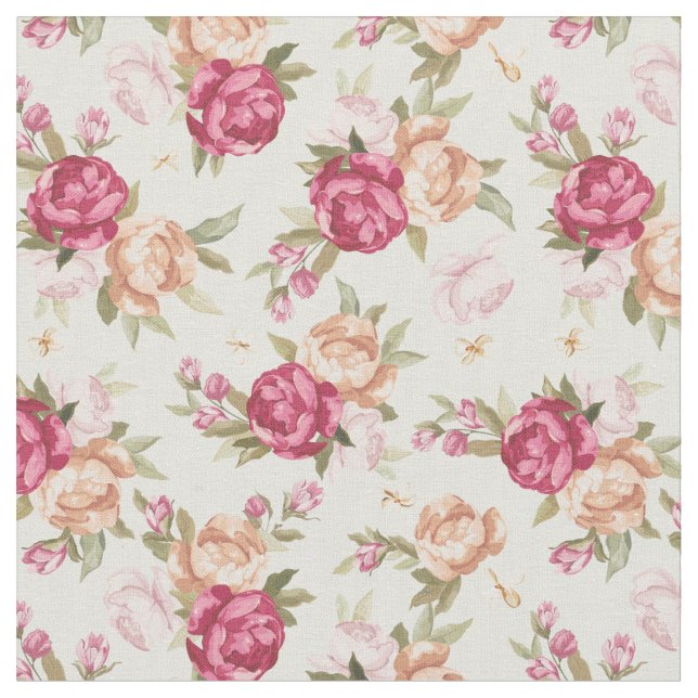 Beautiful color peony pattern on green fabric (Close Up)