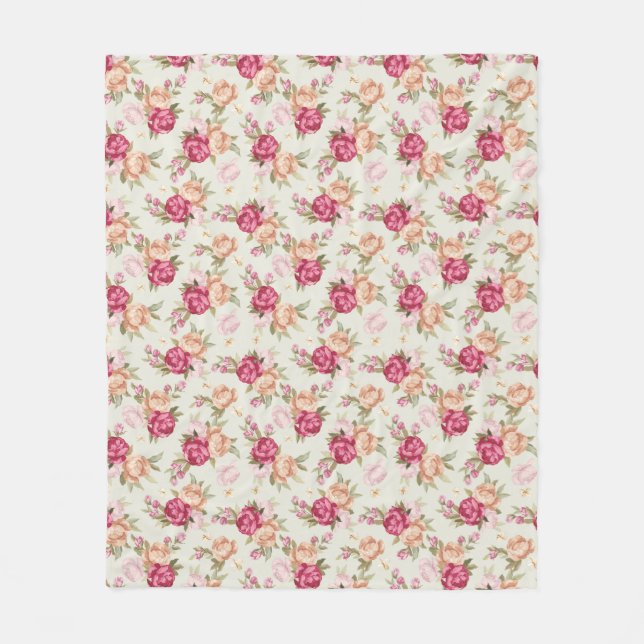 Beautiful color peony pattern on green fleece blanket (Front)
