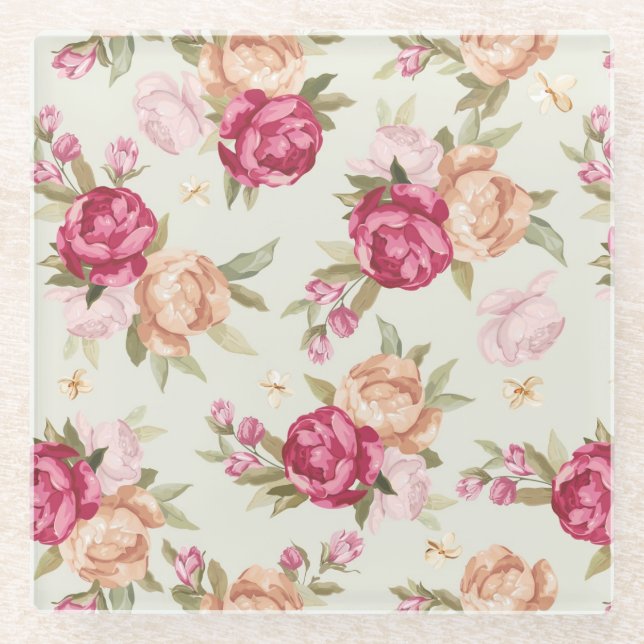 Beautiful color peony pattern on green glass coaster (Front)