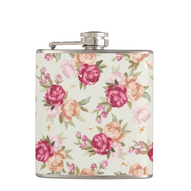 Beautiful color peony pattern on green hip flask (Front)