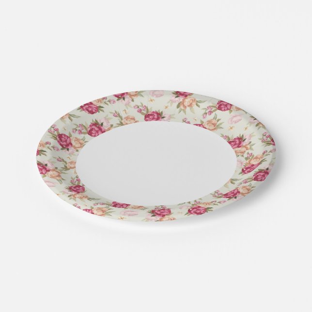 Beautiful color peony pattern on green paper plates (Angled)