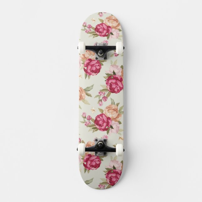 Beautiful color peony pattern on green skateboard deck (Front)