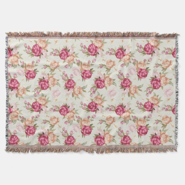 Beautiful color peony pattern on green throw blanket (Front)