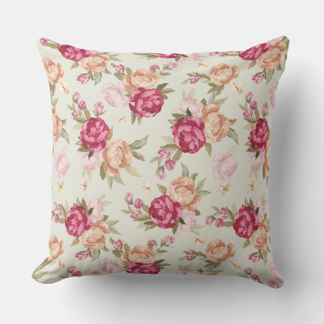 Beautiful color peony pattern on green throw pillow (Front)