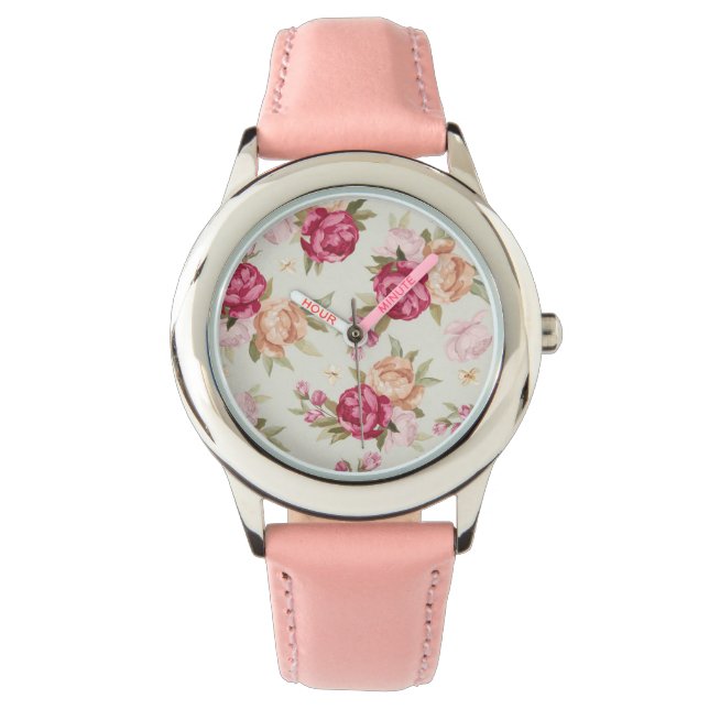 Beautiful color peony pattern on green watch (Front)