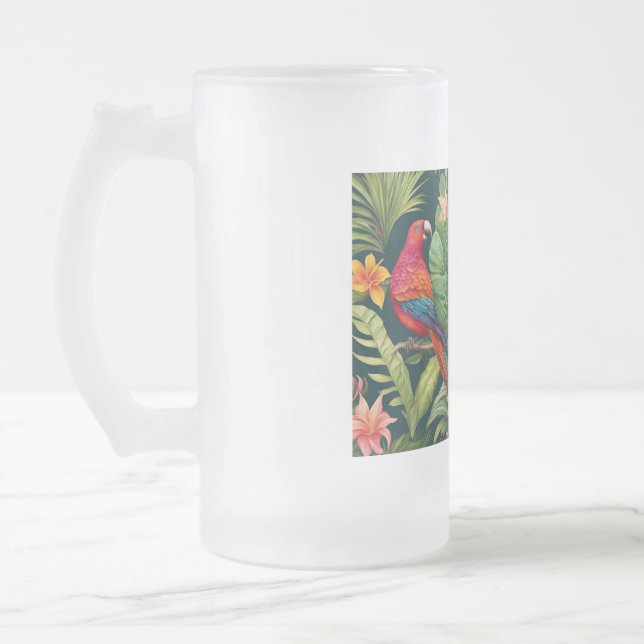 Beautiful colored birds frosted glass beer mug (Left)