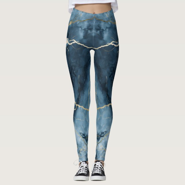 Beautiful Colored Print Blue Marble Leggings (Front)
