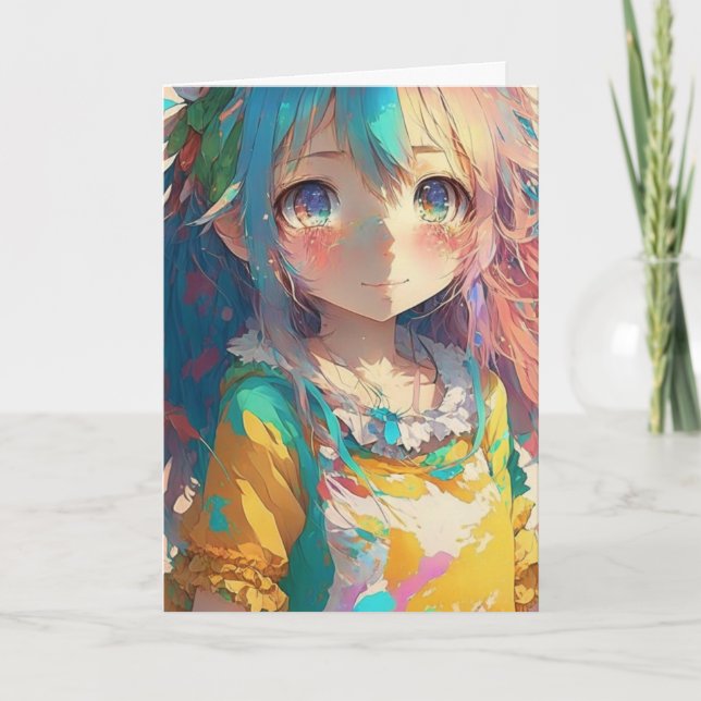 Beautiful Colorful Anime Girl Birthday Card (Front)