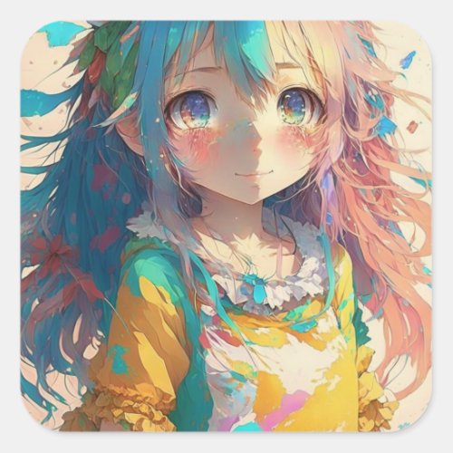 Beautiful Colorful Anime Girl Square Sticker