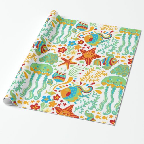 Beautiful Colorful Aquatic Life Cartoon Style Wrapping Paper