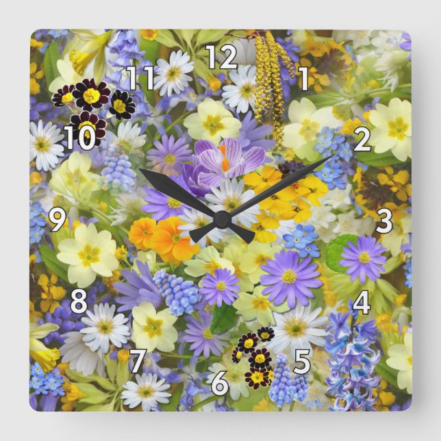Beautiful Colorful Bed of Flowers Square Wall Clock (Front)