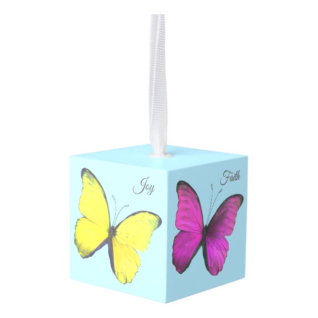 Beautiful Colorful Butterflies & Calligraphy Cube Ornament (Back Angled)