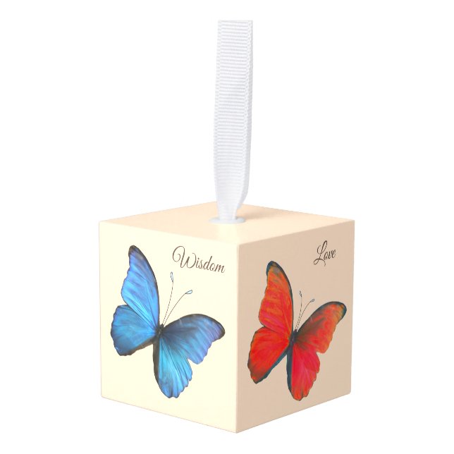 Beautiful Colorful Butterflies & Calligraphy Cube Ornament (Front Angled)