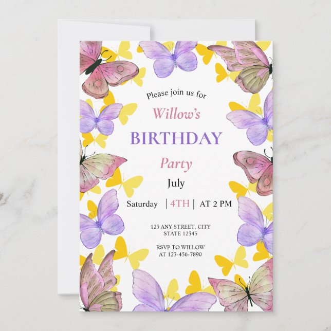 Beautiful Colorful Butterfly Birthday Party Invitation (Front)