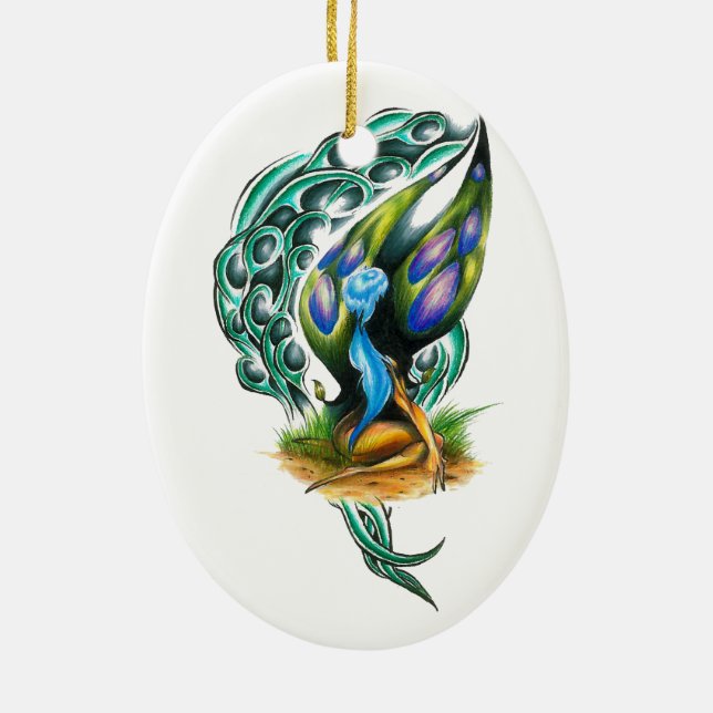 Beautiful Colorful Celtic Forest Faery Ceramic Ornament (Back)