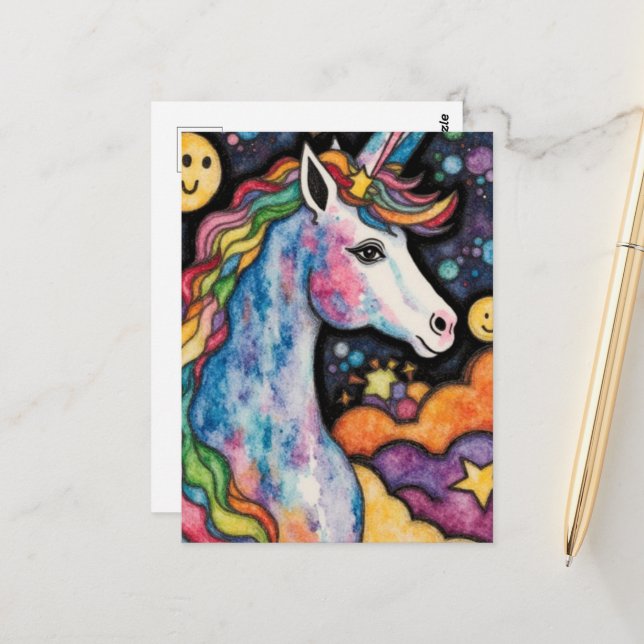 Beautiful Colorful Childlike Fantasy Unicorn Postcard (Front/Back In Situ)