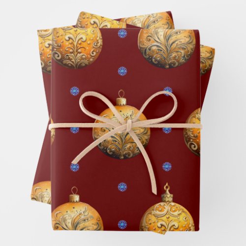 Beautiful Colorful Christmas Ornaments on Deep Red Wrapping Paper Sheets