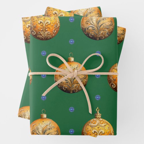 Beautiful Colorful Christmas Ornaments on Green Wrapping Paper Sheets