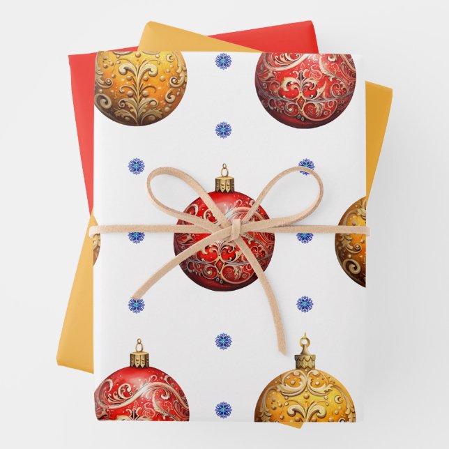 Beautiful Colorful Christmas Ornaments & Solids Wrapping Paper Sheets (In situ)
