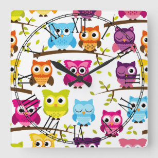 Beautiful Colorful Custom Owl Square Wall Clock