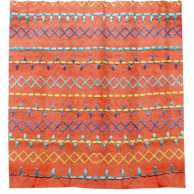 Beautiful, colorful, embroidered, hippie style pie shower curtain (Front)