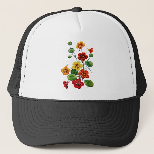 Beautiful Colorful Embroidered Nasturtiums Trucker Hat (Front)