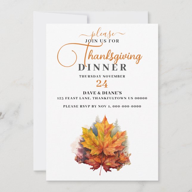 Beautiful Colorful Fall Maple Leaf  Thanksgiving  Invitation (Front)