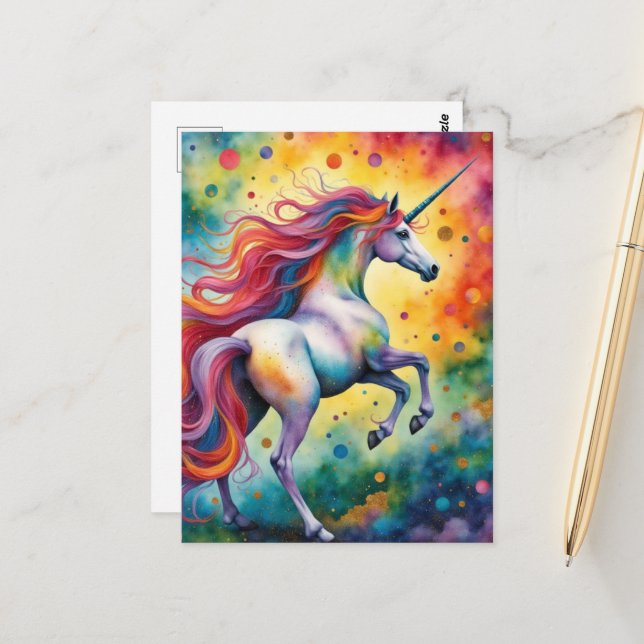 Beautiful Colorful Fantasy Unicorn Postcard (Front/Back In Situ)