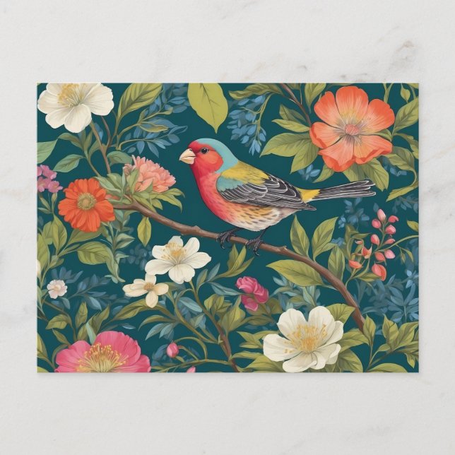 Beautiful Colorful Finch Bird Botanical Postcard (Front)