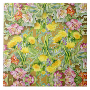 Beautiful Colorful Floral Pattern Pink Yellow  Ceramic Tile