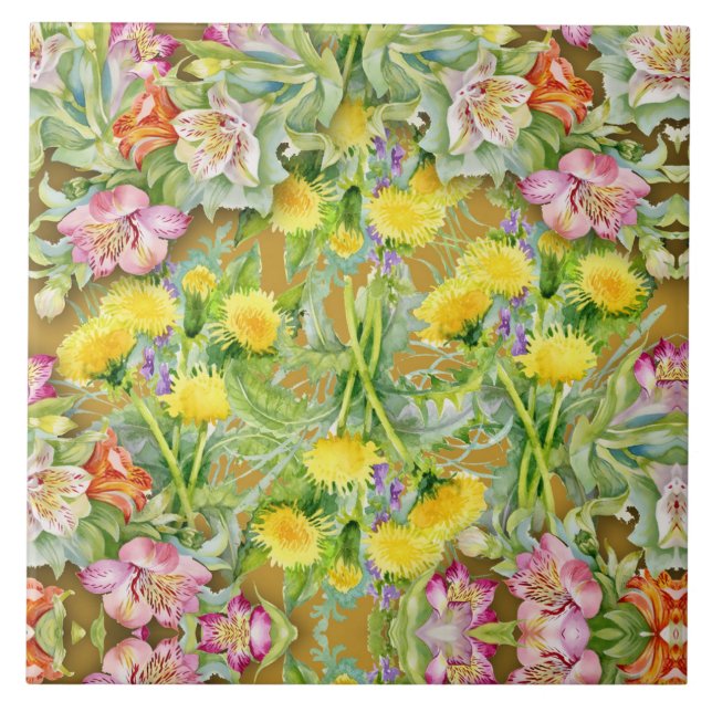 Beautiful Colorful Floral Pattern Pink Yellow  Ceramic Tile (Front)