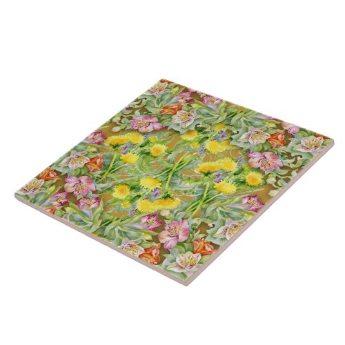 Beautiful Colorful Floral Pattern Pink Yellow  Ceramic Tile