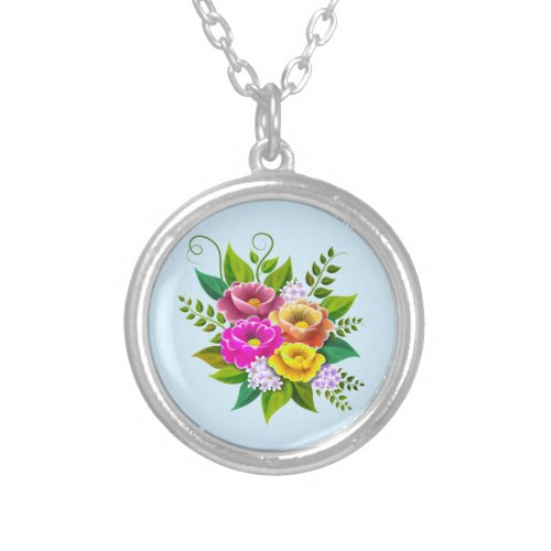 Beautiful Colorful Flower Bouquet Silver Plated Necklace