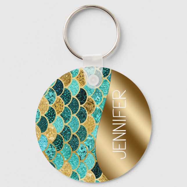 Beautiful Colorful Mermaid Gold Scales Monogram Keychain (Front)