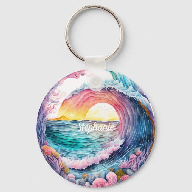 Beautiful Colorful Ocean Wave Keychain (Front)