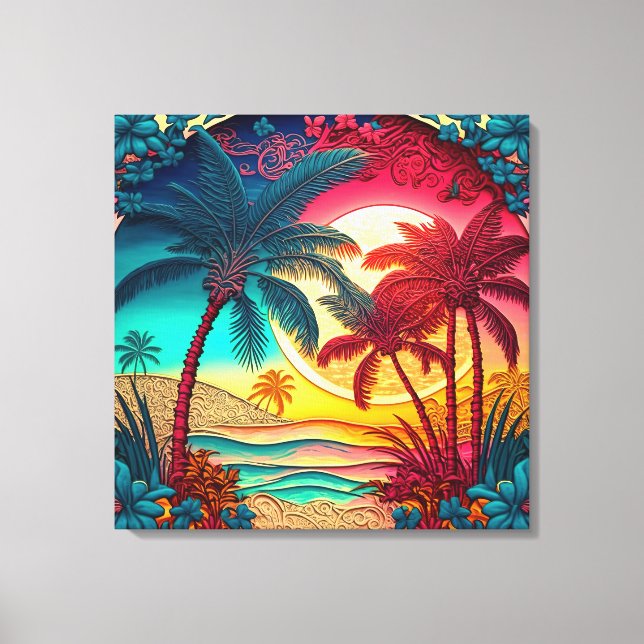 Beautiful colorful palm tree beach house canvas print (Front)