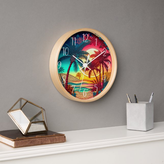 beautiful colorful palm trees beach house clock (Office)